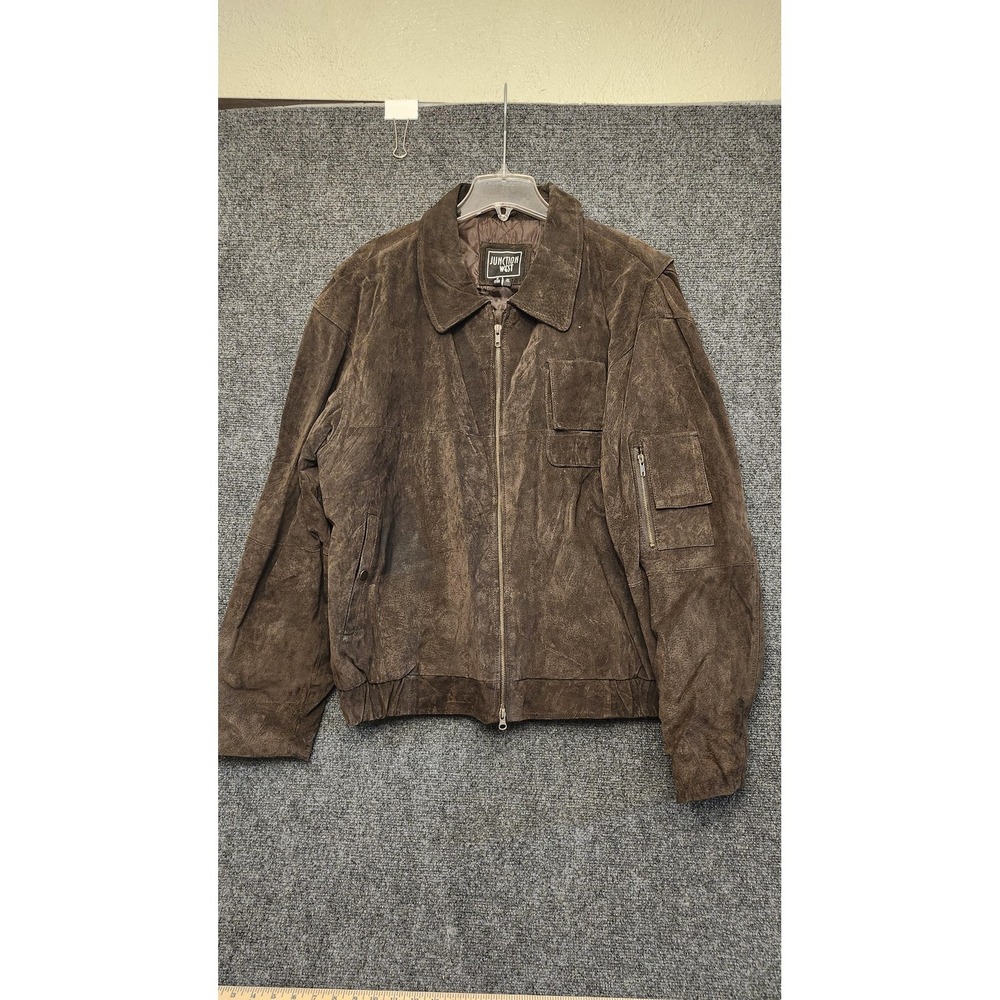 Junction West Jacket Mens XL Brown Suede Bomber Full Zip Lined‎ Western Pockets